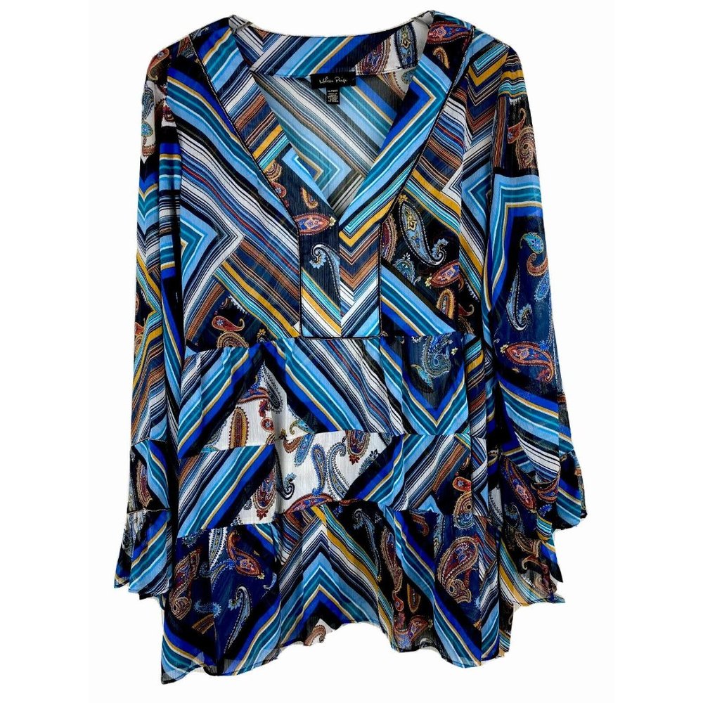 Melissa Page Womens XL Oversize Semi Sheer Boho Mixed Print Top Bell Sleeves